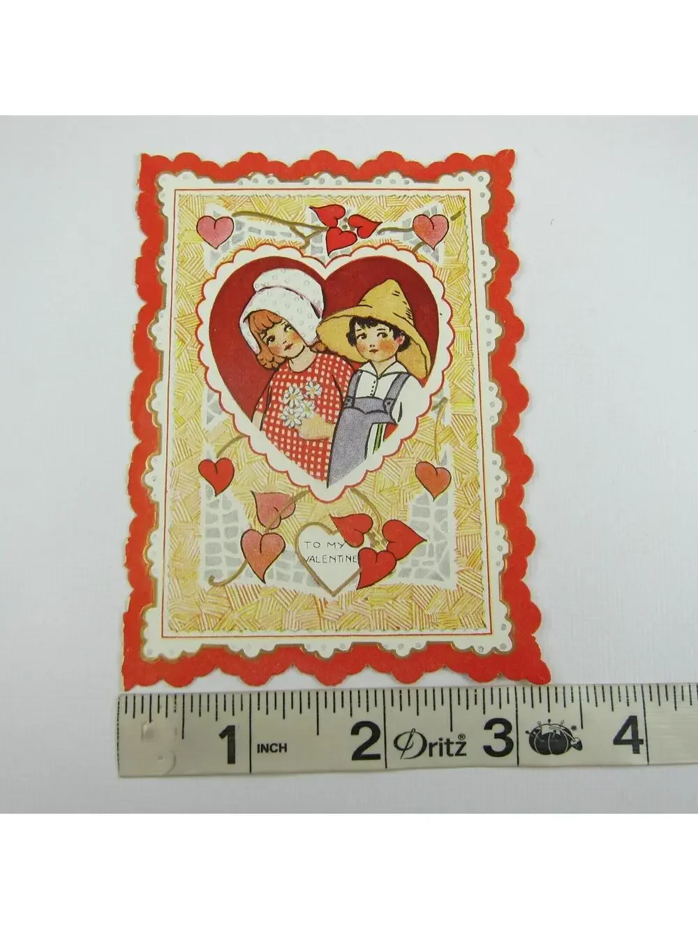 Vintage Valentine Card Die cut Bifold Boy & Redhead Girl Hats Red Heart UNSIGNED